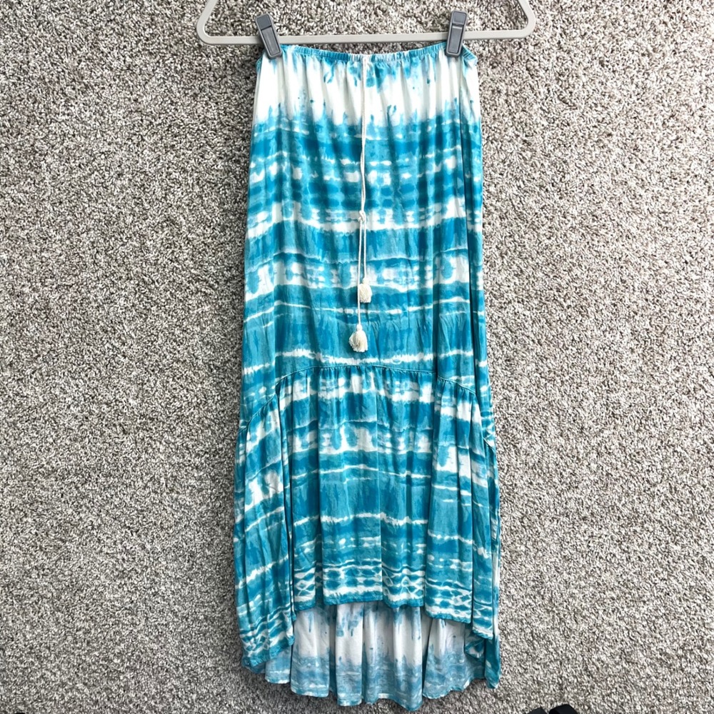 Lovestitch Dress Women's Small Blue Tie Dye Rayon Strapless High Low Maxi